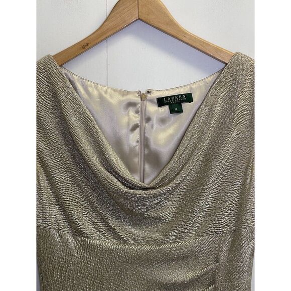 Ralph Lauren Golden Cocktail Shimmer Dress Women's Size 10 Cowl Neck Gathered - Picture 3 of 9